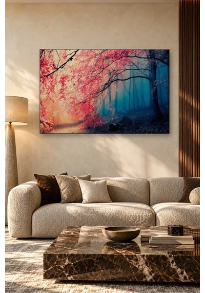 Fida Sisli Mavi Ormanda Kırmızı Yapraklı Ağaç Canvas Tablo Çok Renkli