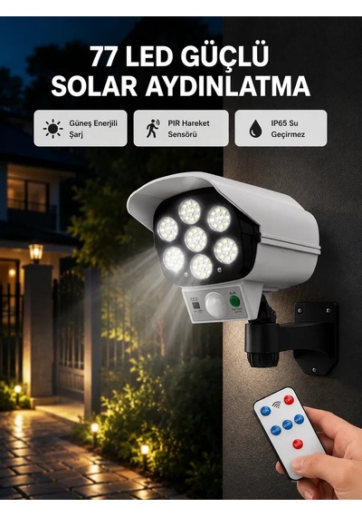 77 Led'li Güneş Enerjili Güvenlik Lambası Ve Kukla Kamera Hareket Sensörlü, 2400mah Pilli Standart