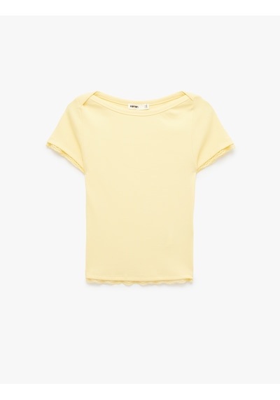 Koton Pamuklu Slim Fit Dantel Detaylı Kısa Kollu Kayık Yaka Tişört Sarı 6sak50505ek
