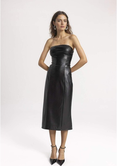 DeFacto Bodycon Vücudu Saran Straplez Basic Düz Yırtmaçlı Suni Deri Midi Elbise C2284AX24SPBK27