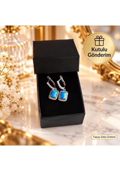 Küpe Mavi Taşlı 925 Ayar Gümüş Küpe Kadın Sertifikalı Kutulu