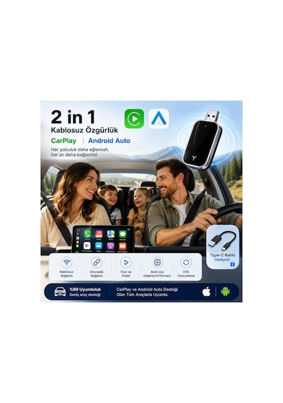 Kablosuz Carplay & Android Auto Mini 2'si 1 Arada Usb Dönüştürücü Type-c Otg Destekli