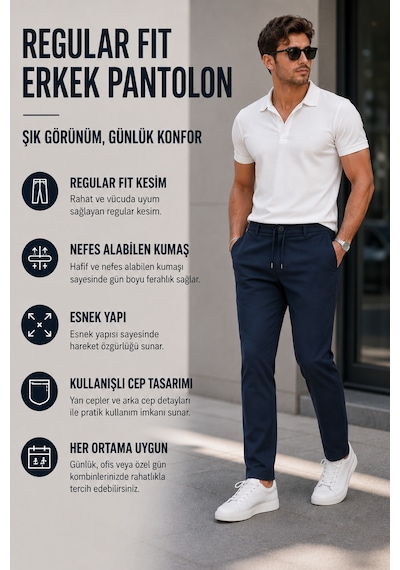 Luxıc Core Erkek Pamuklu Bağcıklı Pantolon Rahat Kalıp Günlük Casual Yazlık 2026 Yaz Koleksiyonu Lacivert