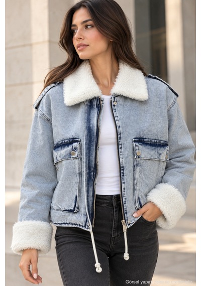Polo State Kadın Peluş Detaylı Cepli Yıkamalı Jean Ceket mavi