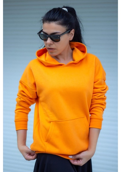 Azıcık Akıllı Kadın Turuncu Basic 3 Üç İplik Ekstra Kalın Kapüşonlu Kanguru Cep Uzun Kollu Sweatshirt 23kswtucpl 001