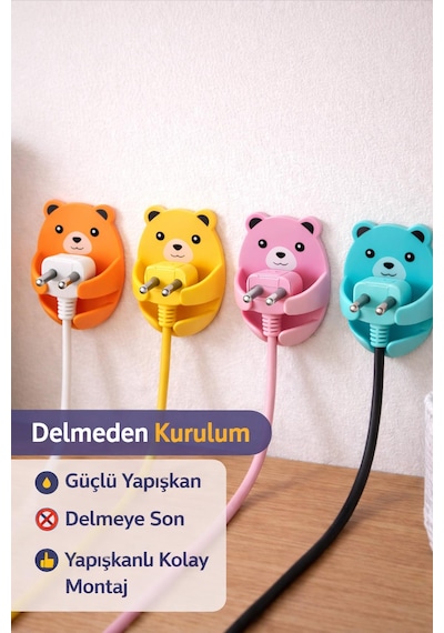 4'lü Yapışkanlı Ayı Desenli Kablo Organizeri Fiş Askısı Priz Düzenleyici - Kablo Bağları