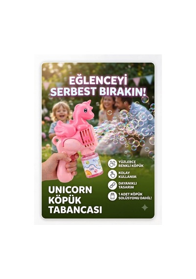 Sevimli Unicorn Köpük Tabancası Solüsyonlu Balon Çıkaran Oyuncak Tabanca Pembe