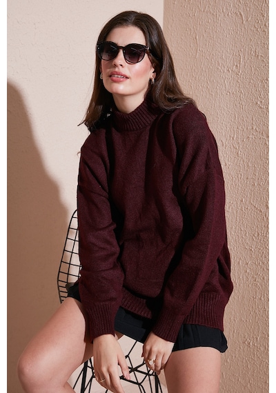 Lela Premium Oversize Fit Balıkçı Yaka Yumuşak Dokulu Triko Bayan Kazak 680Kz00469 Bordo