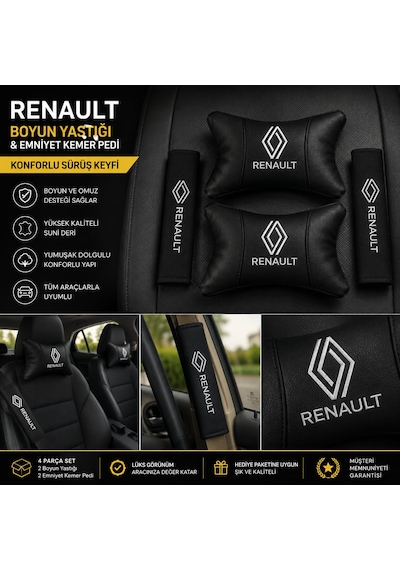 Renault Deri Yastık Ve Kemer Pedi Oto Boyun Yastığı Güvenli Sürüş Deri Konfor Siyah