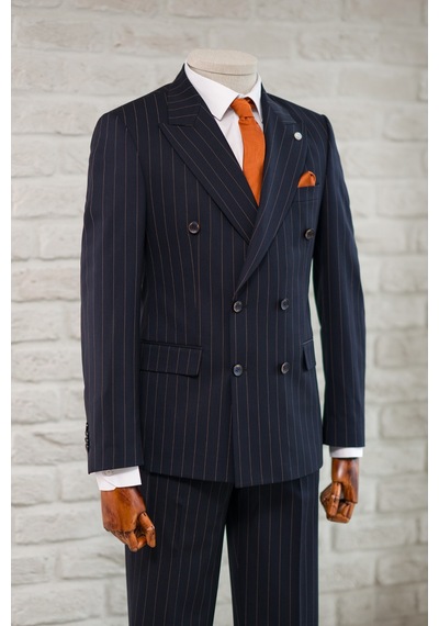 Apartro Slimfit Sivri Yaka Çift Yırtmaçlı Çizgili Kruvaze Takım Elbise Lacivert