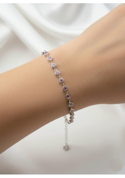 Çekirdekjewelry 925 Ayar Gümüş Kalplı Taşlı Bileklik Gri Pembe