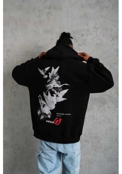 Veraura Lifestyle Erkek Şapkalı Güvercin Baskılı Kapşonlu Sweat - Siyah S