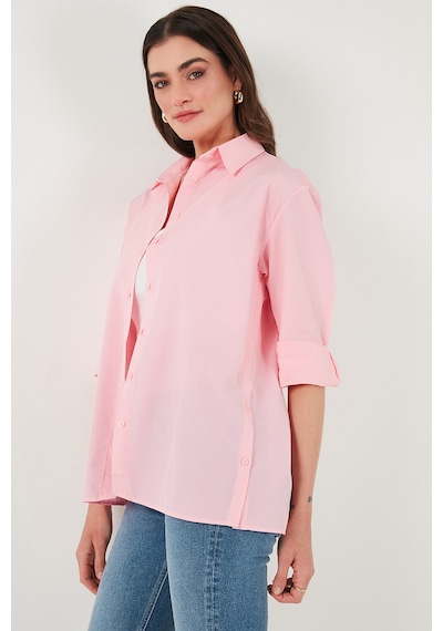 Lela Pamuklu Regular Fit Iliklenebilen Yırtmaç Detaylı Bayan Gömlek 6772920 Şeker Pembe