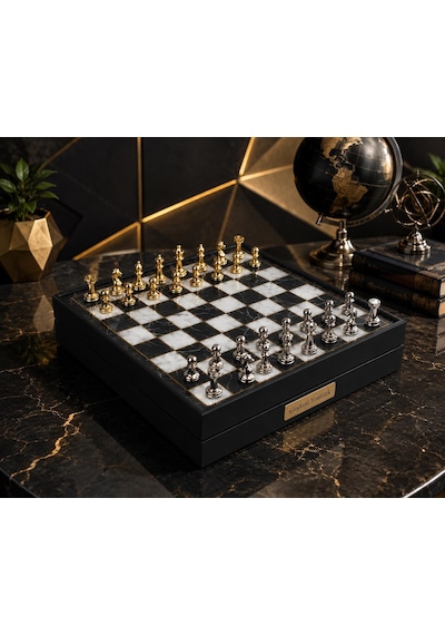 Kişiye Özel Lüks Metal Satranç Takımı Mermer Desenli Sandıklı Premium Oyun Seti 20 Cm. Klasik Figür