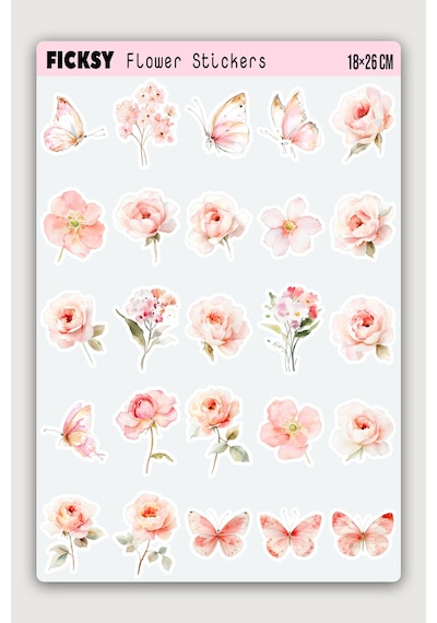 Çiçek Sticker Seti - Kelebek Sticker - 25 Adet Etiket Çıkartma Diğer
