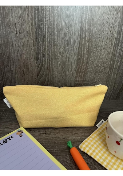 Soft Keten Yıkanabilir Fermuarlı Tek Gözlü Bez Kalemlik Kalem Kutusu Cüzdan Makyaj Çantası Sarı Genel