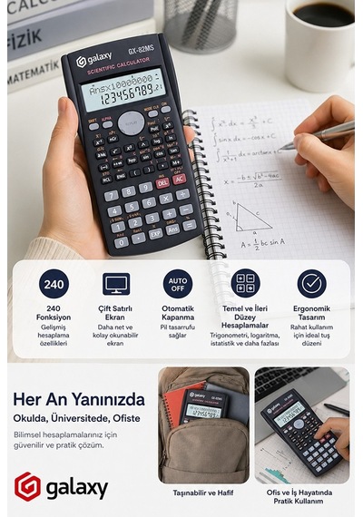 Fonksiyonlu Bilimsel Hesap Makinesi 1 Adet 8x14cm 240 Fonksiyonlu Galaxy Gx-82ms Mühendis Öğrenci 2 Satır Ekran Tasarım Siyah