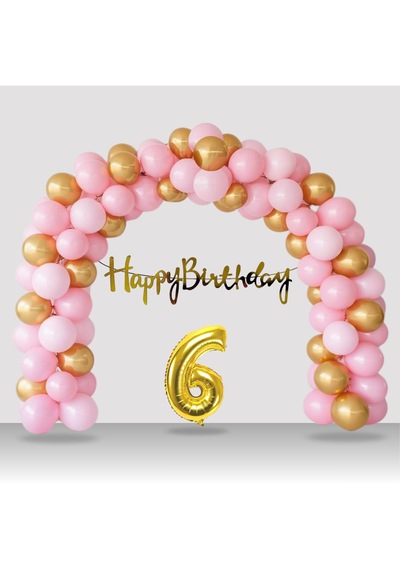 6 Yaş Retro Gold Pembe Balon Happy Birthday Banner Gold Rakam Doğum Günü Süsleme Çok Renkli