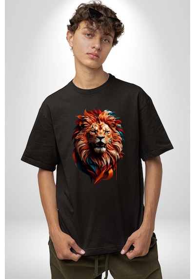 Renkli Kaplan Kükrüyor Pamuklu Bisiklet Yaka Unisex Oversize Boyfriend Dijital Baskılı Siyah T-shirt Siyah