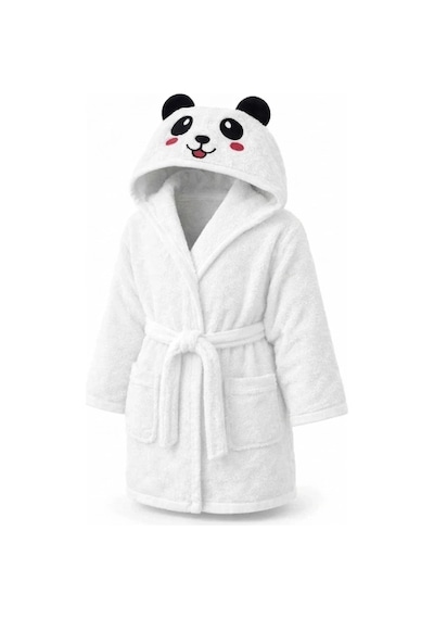Hızlı Kurulayan Ve Üşütmeyen Doğal Pamuklu Kapüşonlu Çocuk Bornozu Sevimli Panda Serisi Beyaz