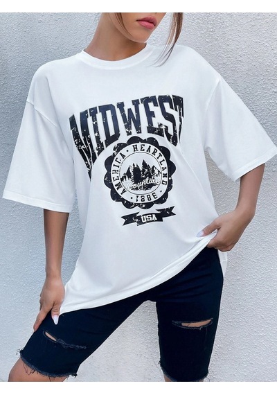 Beyaz Oversize Midwest Series 6 T-shirt - Oversize Baskılı Beyaz