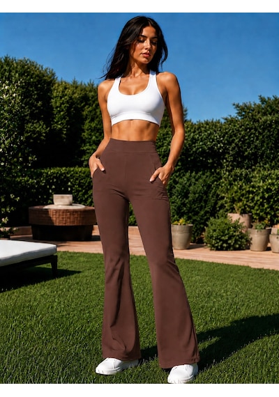 Unika Boutique Kadın Dalgıç Kumaş Belden Lastikli İspanyol Paça Pantolon Kahverengi