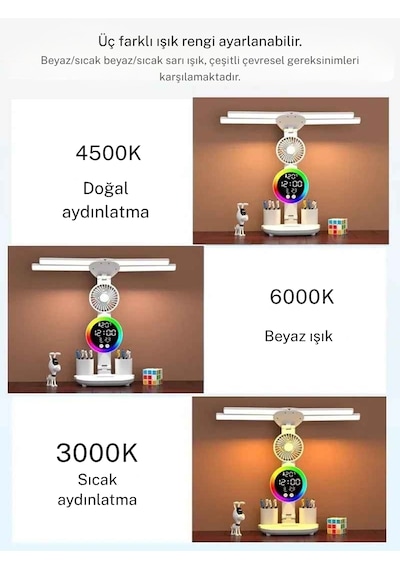 Monozone Rgb Şarjlı Led Masa Lambası Fanlı 4başlı Lamba Rgb Saat Ekranlı Kısılabilir Çalışma Lambası Beyaz