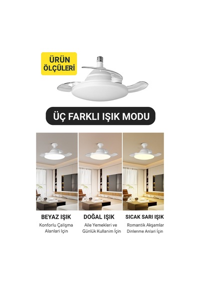 Katlanabilir Led Tavan Vantilatörü Sessiz, Akıllı Ve Kumandalı Aydınlatma 22.5'' Beyaz - 731575925