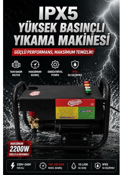 Okaoda Sn005 Araç Yıkama Makinesi, 2026 Altıncı Nesil En Yeni Teknoloji, 180 Bar Su Basıncı, Fırçasız Sensörlü 120 Model Basınçlı Yıkama
