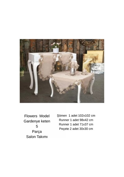Salon Takımı 5 Parça Keten Dantelli Masa Örtüsü Runner Seti Çeyizlik Flowers Model No 9964 Kapiçino Bzckh593 Çok Renkli