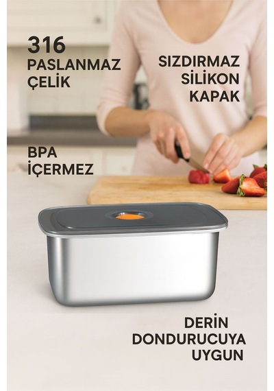 Çelik 2200 Ml Yemek Meyve Et Buzdolabı Beslenme Saklama Kabı Mt110-22 Gri