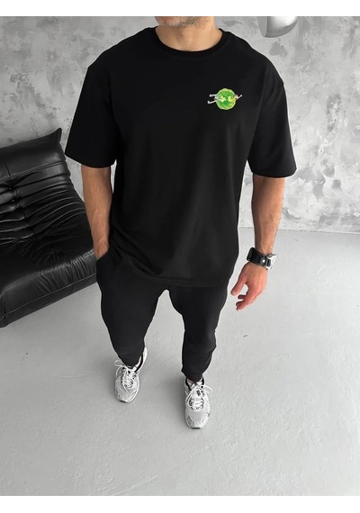 Erkek Kısa Kol Tişört Bisiklet Yaka Rick And Morty Baskılı T-shirt - Siyah