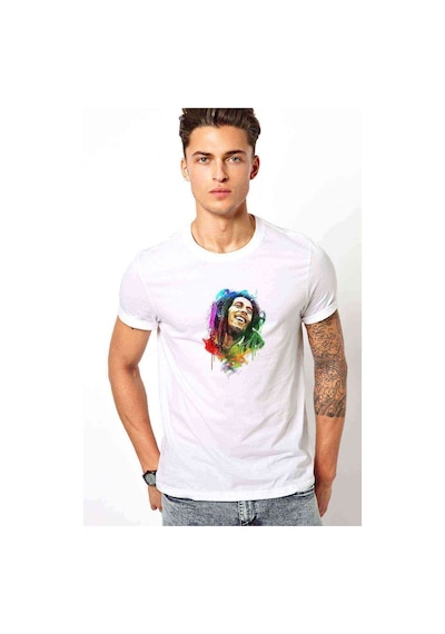 Bob Marley Aquarelle Baskılı Beyaz Erkek Tshirt