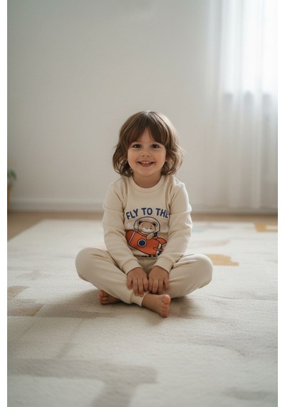 Aden Kids Mevsimlik Pamuklu Kumaş Karikatürlü Çocuk Pijama Takımı Bej