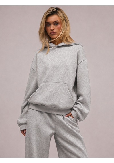 Macklin Unisex Kadın Erkek Baskısız Rahat Kalıp Oversize 3 İplik Kapüşonlu Hoodie Ve Baggy Eşofman Altı Gri Melanj