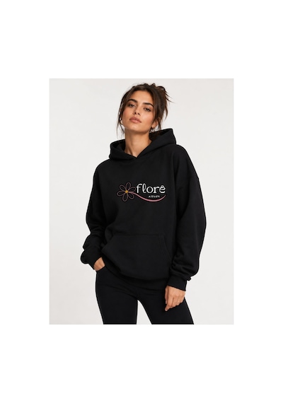 Herkesemoda Flore, Baskılı Kapüşonlu 2 İplik Şardonlu Sweatshirt Siyah