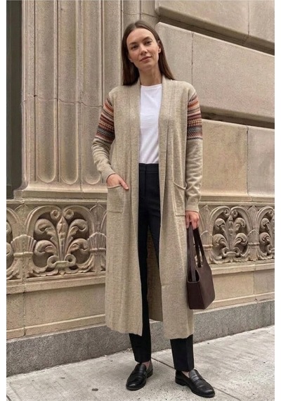 Onno Style Women Kilim Desen Uzun Triko Kadın Hırka Krem