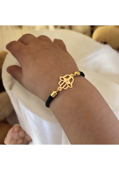 L Harfine Özel 14 Ayar Altın Plakalı Siyah İpek Örgülü Hamsa Motifli Hediye Bileklik-509harf L