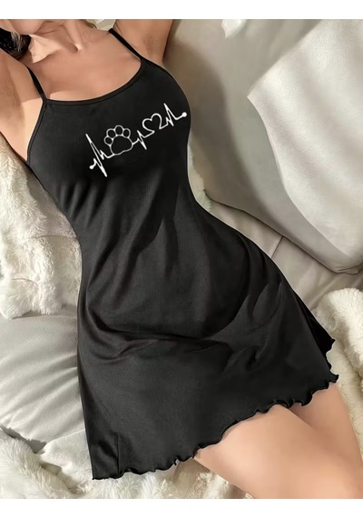 Sebalma Fashion Kadın Siyah İp Askılı Penye Gecelik Kalp & Nabız Baskılı Siyah