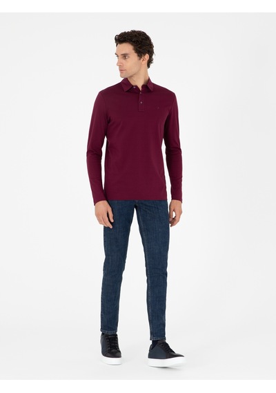 Bordo Regular Fit %100 Pamuk Polo Yaka Sweatshirt Kırmızı