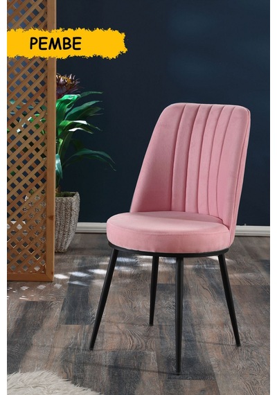 Gold Sandalye - Pembe - Metal Siyah Ayak 4 Adet - Salon Sandalyesi / Mutfak Sandalyesi Pembe