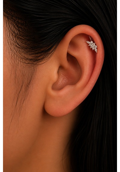 Sertifikalı 316l Çelik Markiz Ve Yuvarlak Taşlı Yaprak Form Premium Gümüş Renk Helix Piercing