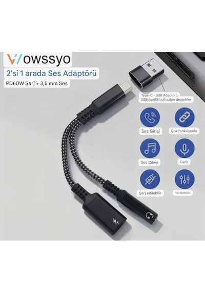 Wowssyo 2'si 1 Arada Type-c To 3.5mm+60w Hızlı Şarj Ve Kulaklık Çevirici+usb Dönüştürücü Hi-fi Ses Ce Lisanslı Sertifikalı Hasır Örgülü Sağlam Kablo 1 Adet Wowssyo 2'si 1 Arada Type-c To 3.5mm+60w Hızlı Şarj Ve Kulaklık Çevirici+usb Dönüştürücü Hi-fi Ses Ce Lisanslı Sertifikalı Hasır Örgülü Sağlam Kablo 1 Adet