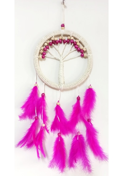 Fuşya Kuş Tüylü Hayat Ağacı Düş Kapanı Dream Catcher Duvar Süsü