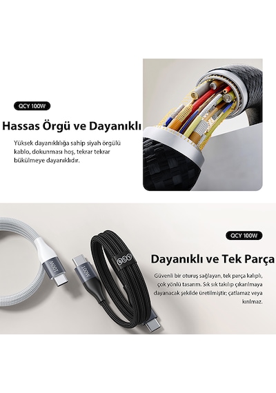 100w Type-c Şarj Kablosu 1.2 Metre Halat Örgü 480mbps Kırılmaz Bükülmez Data Kablosu Dc22 Siyah