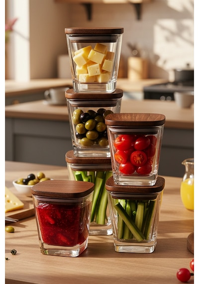 Prime - 6'lı Ahşap Vakumlu Kapaklı Cam Kahvaltılık Çok Amaçlı Cam Çerezlik 300 ml