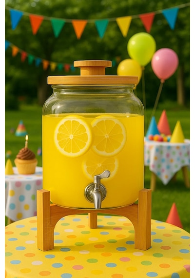4 Litre Cam Şerbetlik Musluklu, Bambu Standlı Sunumluk Sebil İçecek Dispenseri Şeffaf
