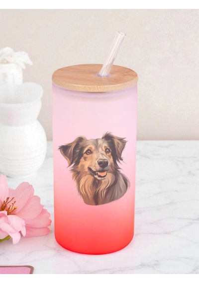 Köpek Baskılı 600 Ml Cam Matara- Su Matarası, Suluk Matara, Cam Pipetli Matara Kırmızı