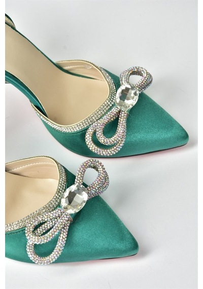 Fox Shoes Yeşil Saten Kumaş Taşlı Kadın Topuklu Ayakkabı K6540512