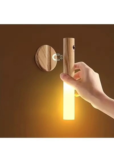 Sensörlü Usb Şarjlı Taşınabilir Duvar Aplik Ahşap Görünümlü Masa Lambası Sarı